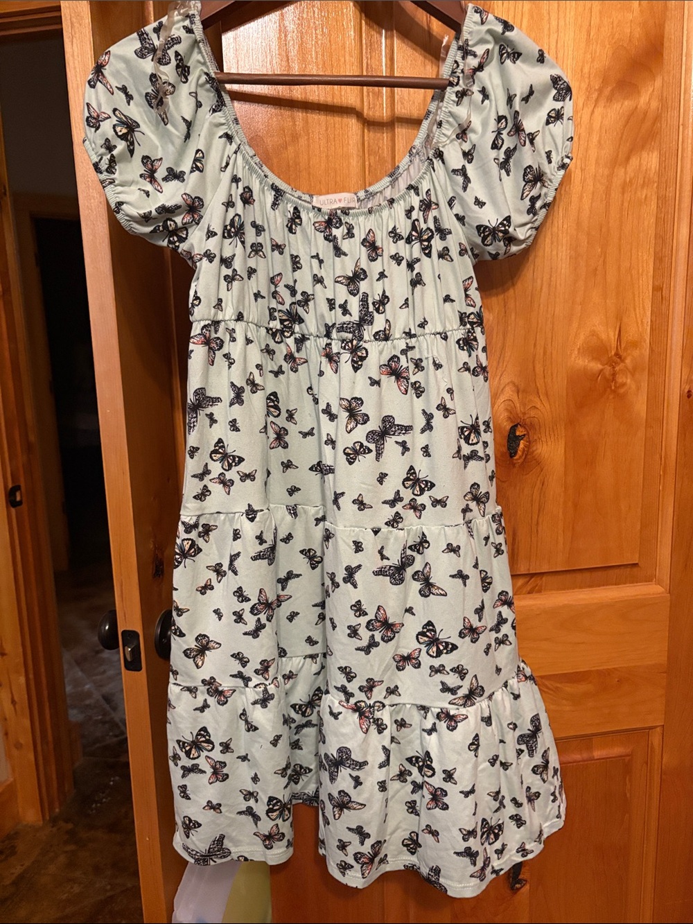 Butterfly Print Puff-Sleeve Mini Dress - Light Mint